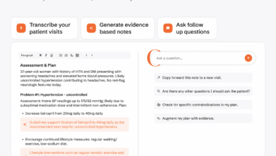 Screenshot of OpenEvidence Visits software interface showing patient notes and AI assistant.