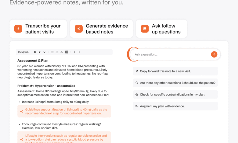 Screenshot of OpenEvidence Visits software interface showing patient notes and AI assistant.