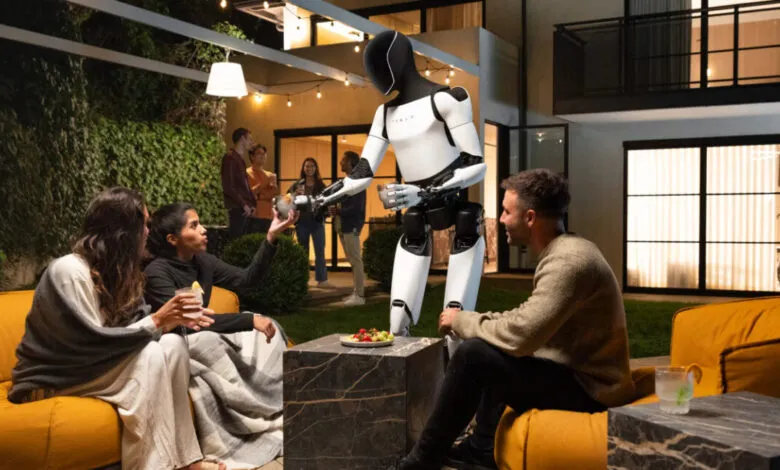 A humanoid robot serving drinks and snacks to people on a patio at dusk.