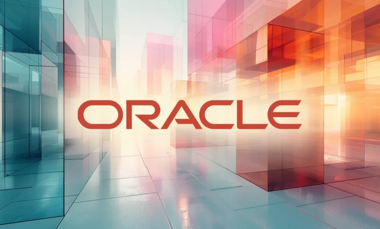 The Oracle logo in red against a backdrop of abstract, glass-like architecture.