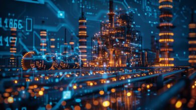 Futuristic industrial complex with glowing blue and orange lights, digital displays, and circuit board patterns.
