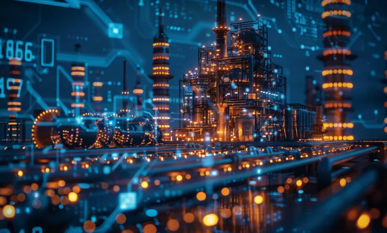 Futuristic industrial complex with glowing blue and orange lights, digital displays, and circuit board patterns.