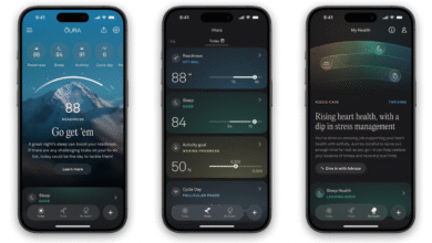 Three iPhone screens displaying the Oura app interface with health metrics.