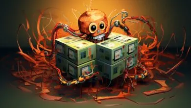 A stylized, cartoonish skull with large eyes and wires attached to stacked boxes.