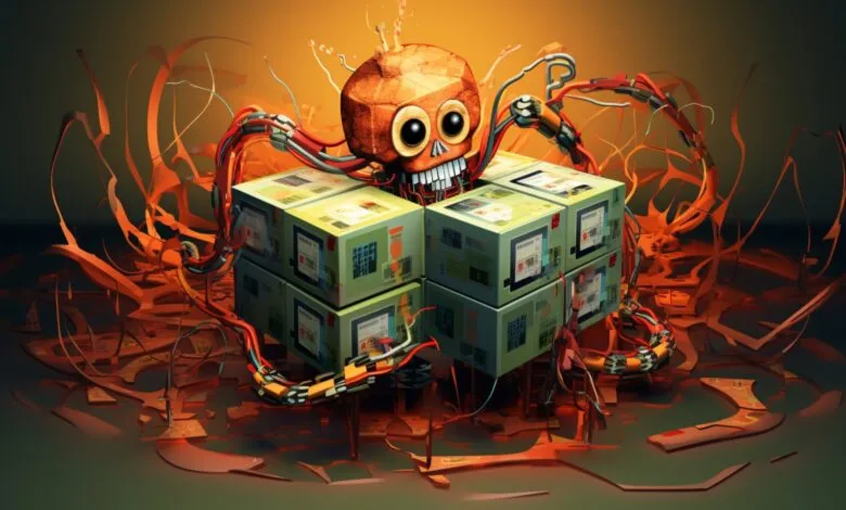 A stylized, cartoonish skull with large eyes and wires attached to stacked boxes.