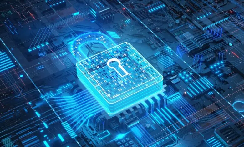 Glowing digital padlock with binary code on a futuristic circuit board.