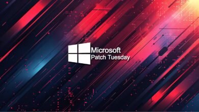 Microsoft Patch Tuesday logo with abstract red and blue digital background.
