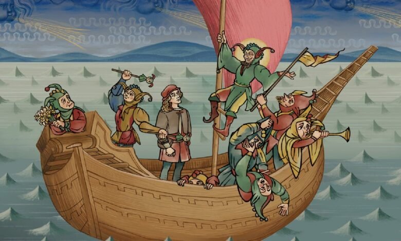 A medieval-style illustration of jesters on a ship sailing on a choppy sea.