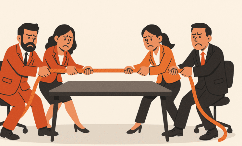 Four business people in a tug-of-war over a conference table.