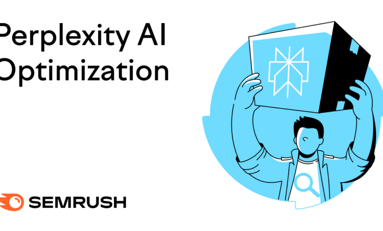 Illustration of a person holding a box with a snowflake-like logo, with text "Perplexity AI Optimization" and SEMrush logo.