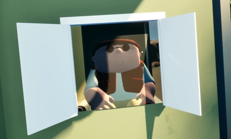 Stylized cartoon character with sunglasses peeking out of an open window.