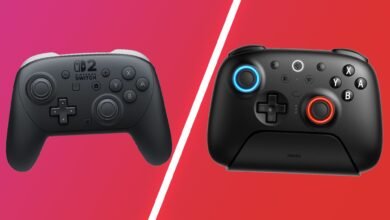 Two black gaming controllers, one for Nintendo Switch and another with illuminated rings.