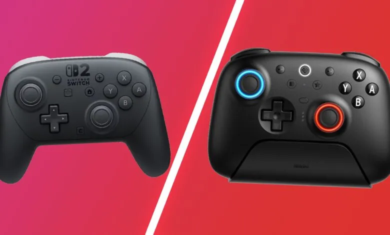 Two black gaming controllers, one for Nintendo Switch and another with illuminated rings.
