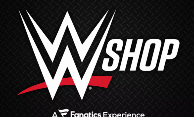 WWE Shop logo with a diamond plate background.