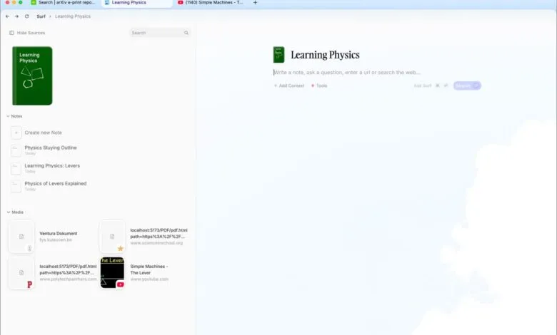 Screenshot of a digital notebook application for learning physics.