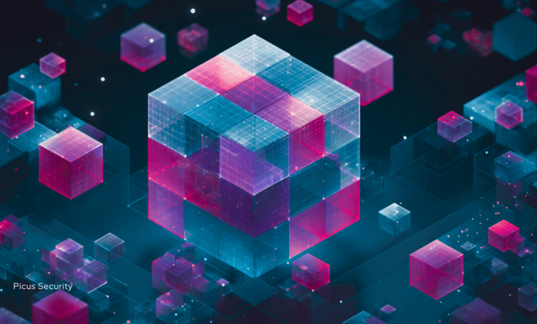 Abstract 3D rendering of interconnected cubes in shades of blue and pink, representing data or technology.