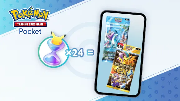 Pokemon Trading Card Game Pocket logo with an hourglass and 24 booster packs on a phone screen.