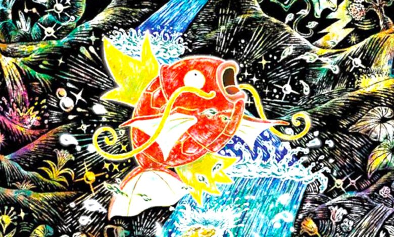 A vibrant, stylized illustration of Magikarp swimming through a cosmic, colorful landscape.