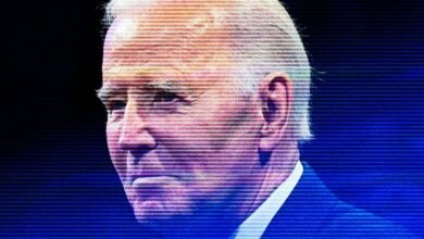 Close-up portrait of Joe Biden with horizontal lines across his face.