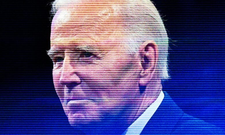 Close-up portrait of Joe Biden with horizontal lines across his face.