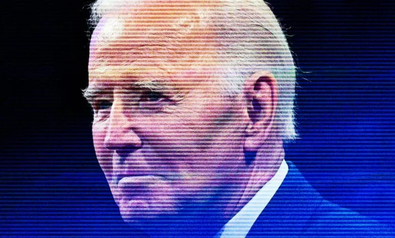 Close-up portrait of Joe Biden with horizontal lines across his face.