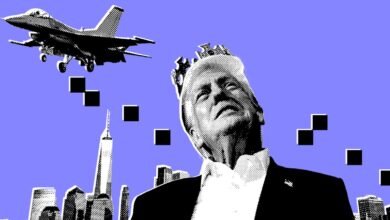 Donald Trump wearing a crown, with a fighter jet flying over a city skyline.