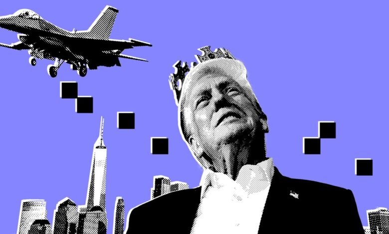 Donald Trump wearing a crown, with a fighter jet flying over a city skyline.