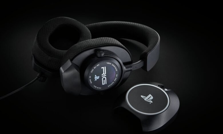 Black RIG gaming headset with PlayStation logo on a stand, against a dark background.