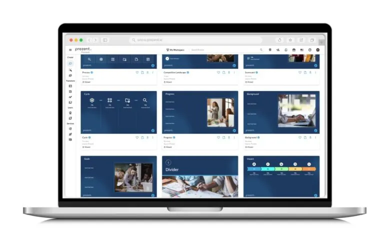 Laptop screen displaying a presentation software interface with various slide templates.