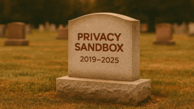 A tombstone in a graveyard reads 'Privacy Sandbox 2019-2025'.