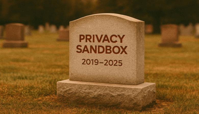 A tombstone in a graveyard reads 'Privacy Sandbox 2019-2025'.