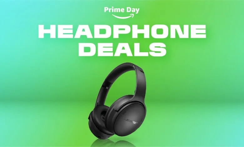 Black Bose headphones displayed with Prime Day headphone deals text.