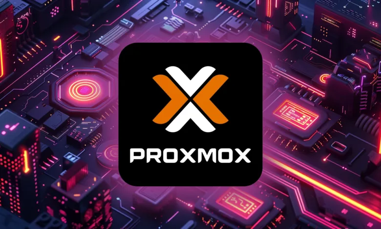 Proxmox logo on a futuristic circuit board with neon pink and orange lights.