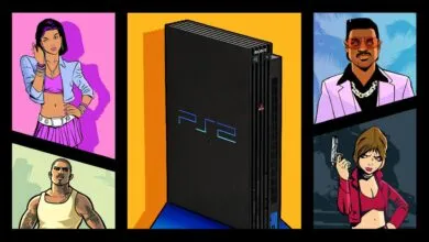 PlayStation 2 console with characters from Grand Theft Auto games.