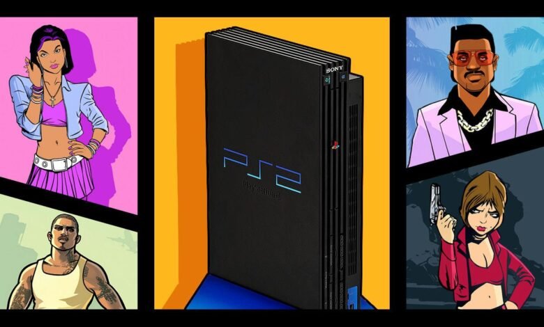 PlayStation 2 console with characters from Grand Theft Auto games.