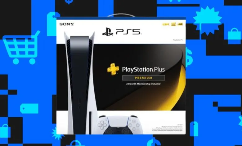 PlayStation 5 console and controller with PlayStation Plus Premium membership.