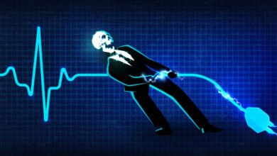Skeleton in a suit pulling a plug, with a heartbeat line and code background.