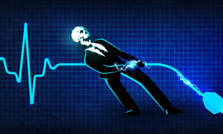 Skeleton in a suit pulling a plug, with a heartbeat line and code background.