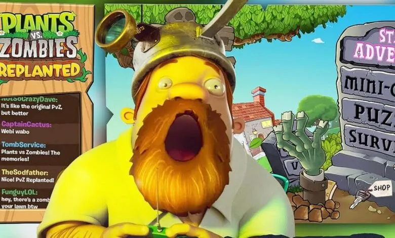 Plants vs Zombies Replanted game title screen with a surprised zombie character.