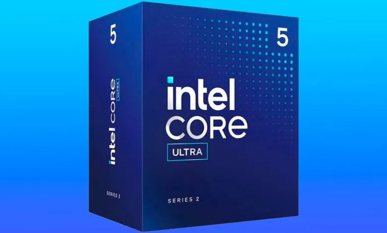 Box for Intel Core Ultra 5 Series 2 processor with blue gradient background.