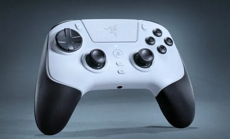 White Razer gaming controller with black textured grips on a dark gray background.