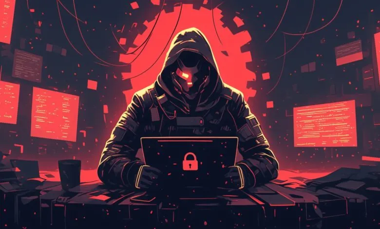 A hooded figure in a dark room with glowing red screens and a laptop displaying a lock icon.