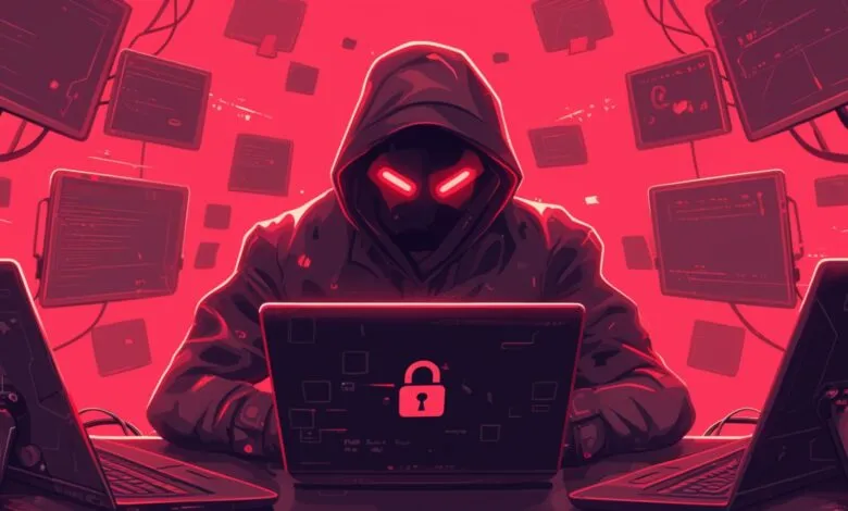 A hooded figure with glowing red eyes works on a laptop displaying a lock icon, surrounded by multiple computer monitors.