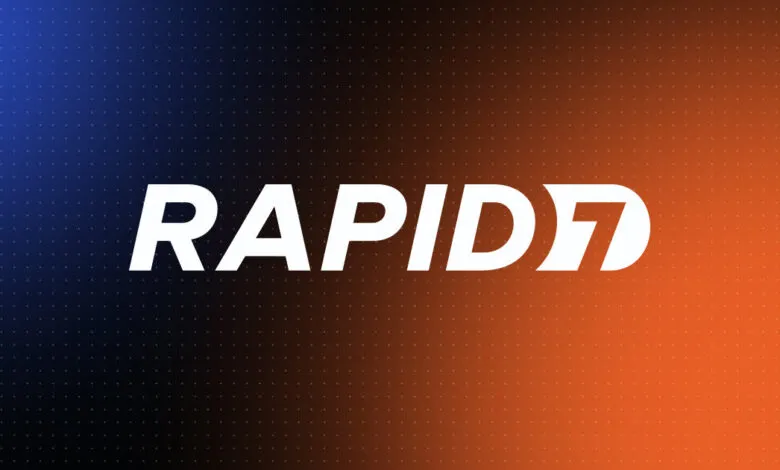 The white Rapid7 logo is displayed prominently against a gradient background transitioning from dark blue to orange.
