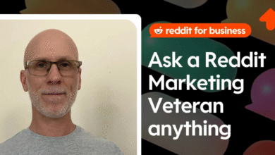 Bald man with glasses and a goatee wearing a grey t-shirt, next to a graphic that says 'reddit for business' and 'Ask a Reddit Marketing Veteran anything'.