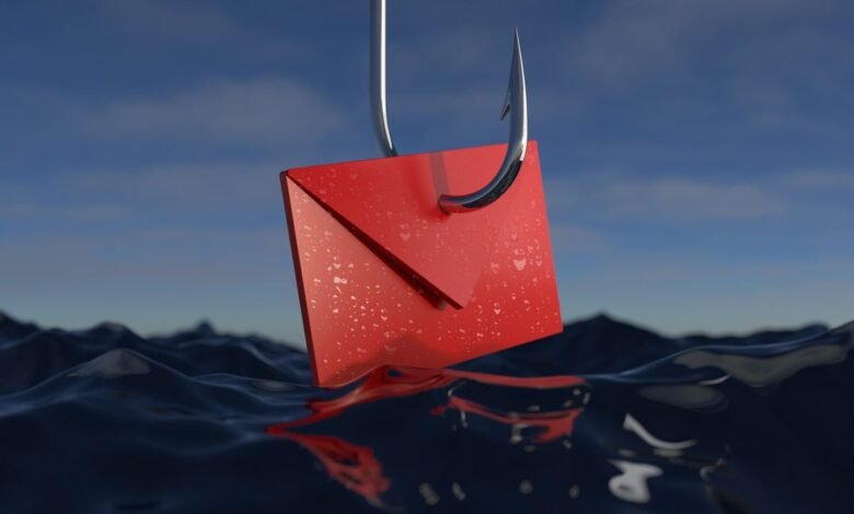 A red envelope is impaled on a fishing hook, submerged in dark, choppy water.