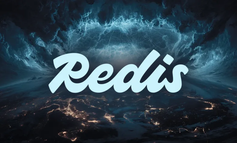 The Redis logo in light blue against a dramatic backdrop of a stormy planet Earth.