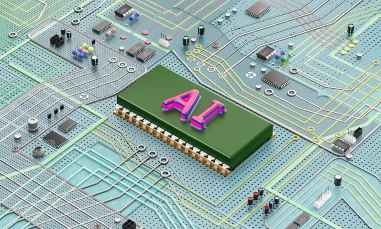 Close-up of a green AI chip on a circuit board with colorful wires.
