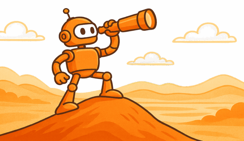 Orange robot with a telescope looking over a desert landscape.