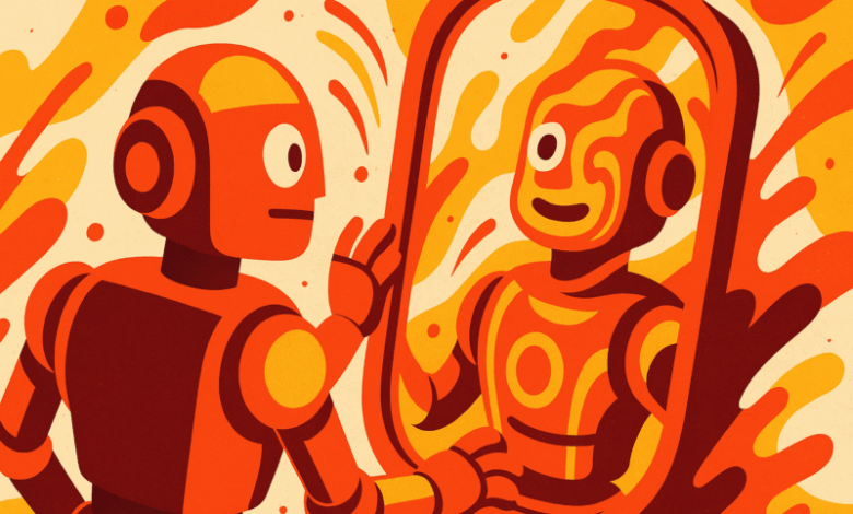A stylized robot looks into a mirror and sees a distorted, colorful reflection of itself.